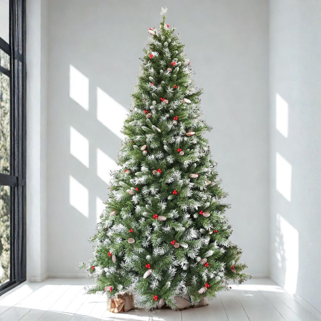 6.5 ft Frosted Iceland Pine Christmas Tree with Red Berries and Pine Cones